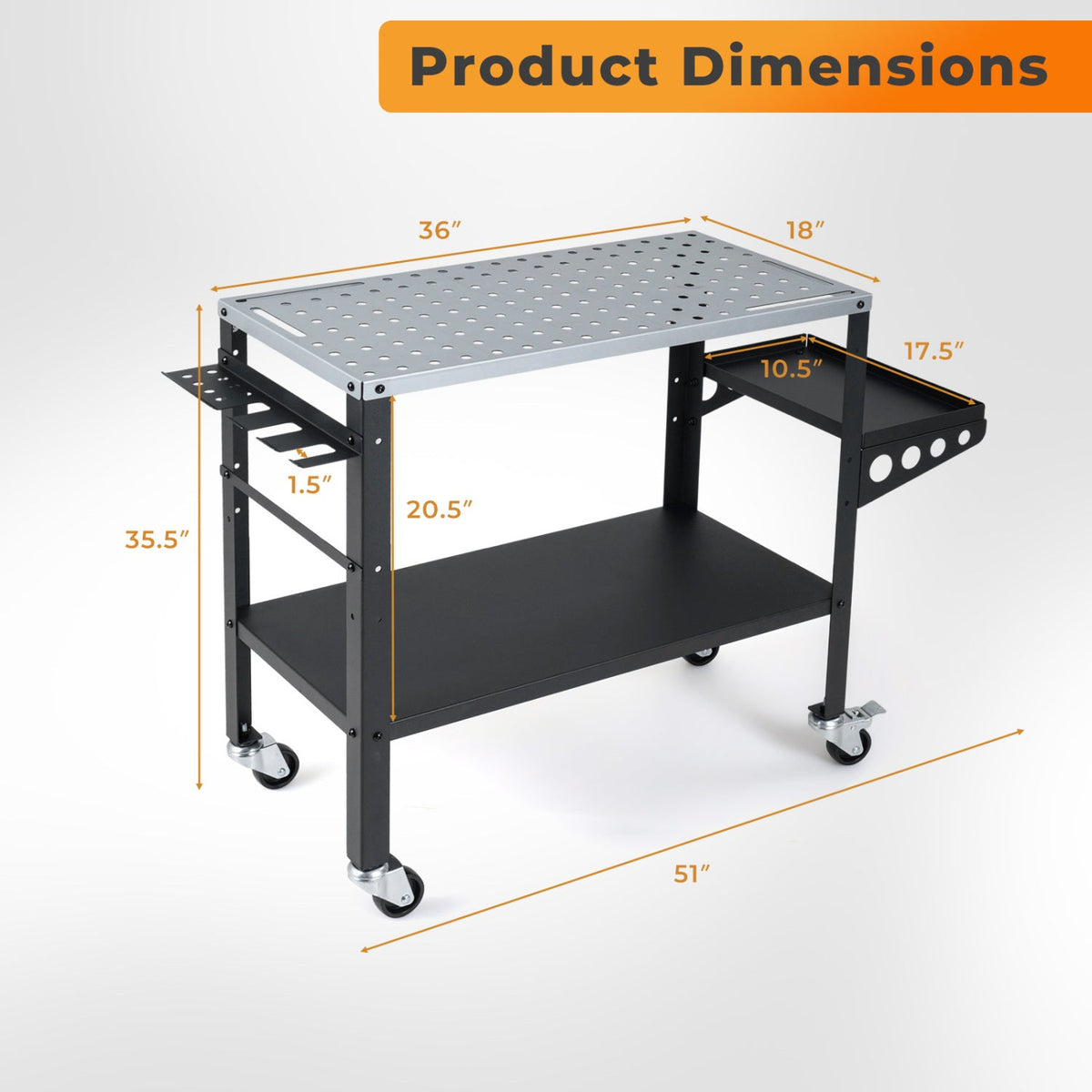 Welding Table 36x18" with 144 Fixture Holes and Lockable Wheels