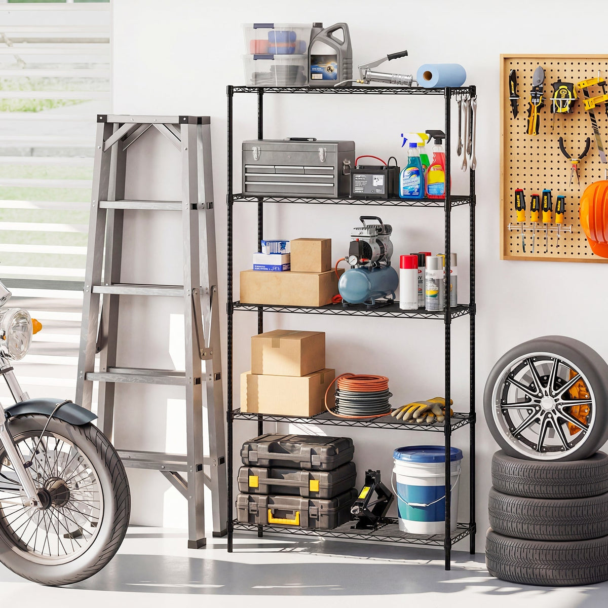 5-Tier Metal Storage Shelving Unit with V-Shaped Wire Rack and 1250 LBS Capacity-Black