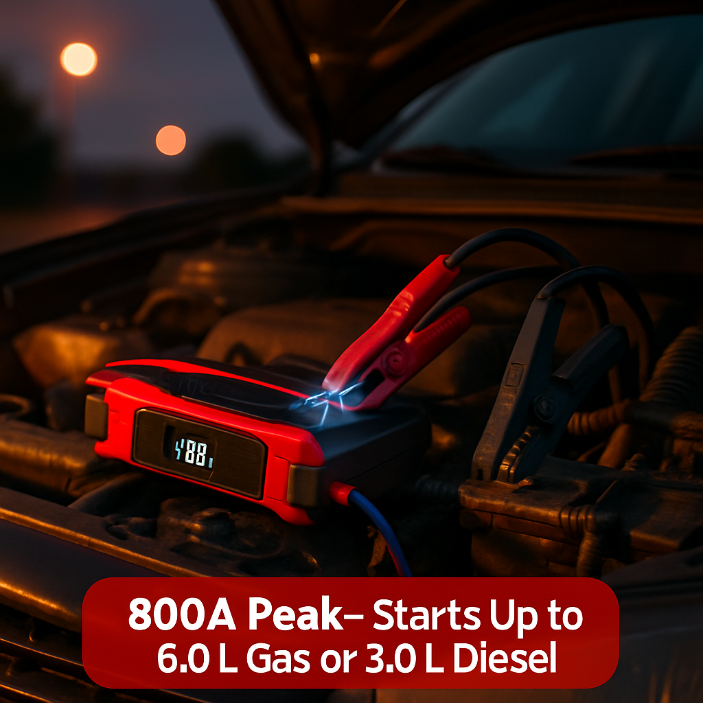 Portable Jump Starter — 800A Peak, 28000mAh, LCD Display