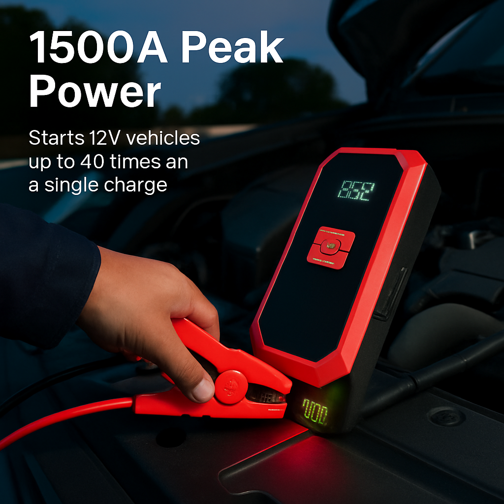 Jump Starter with Built-In Air Compressor — 1500A, 20000mAh